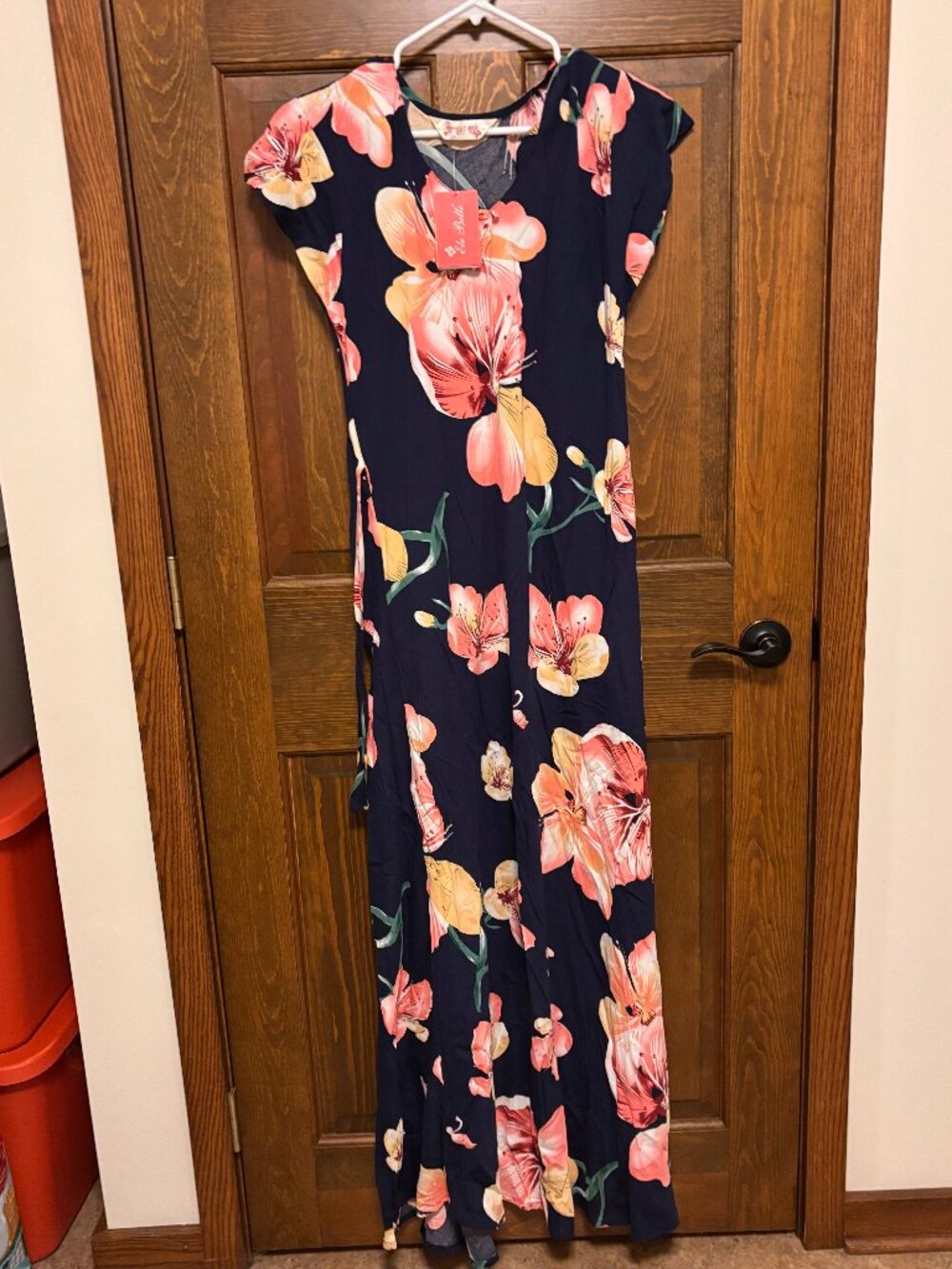 Women’s Navy Floral Maxi Dress Pink Coral Flowers NWT
